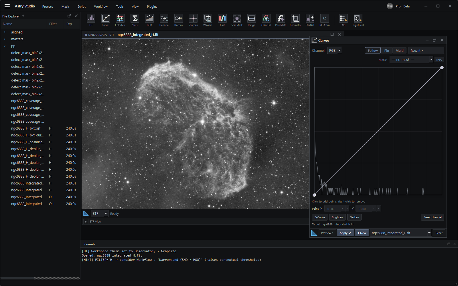 The AstrylStudio window: a file browser on the left, a stretched Hydrogen-alpha frame of NGC 6888 open in the workspace, the Curves panel beside it, and the run console along the bottom.
