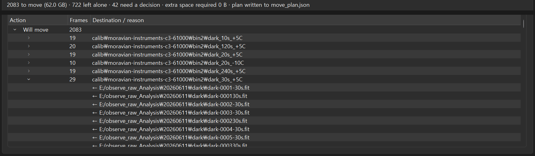 The app's Preview: 2083 frames to move, listed by destination folder, with one folder opened to show the frames going into it