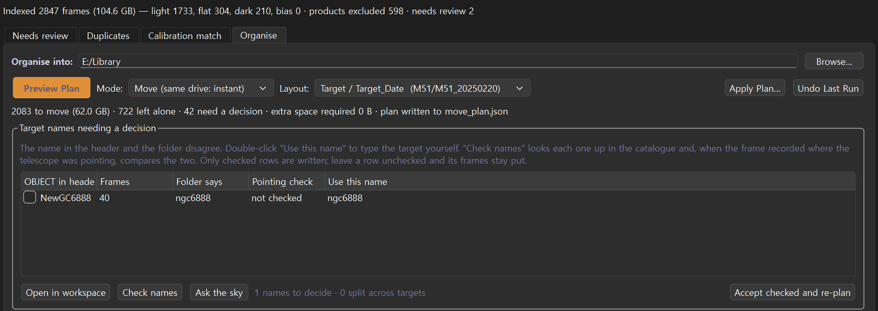 The Data Library Organise tab: 2,847 frames indexed, and a target whose header says NewGC6888 while its folder says ngc6888, flagged for a decision rather than filed on a guess.
