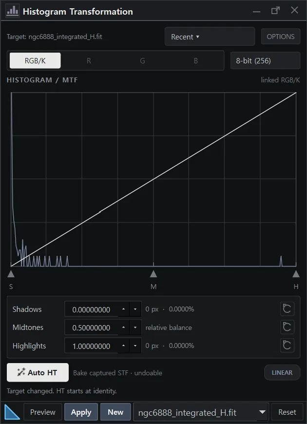 The Histogram Transformation panel in AstrylStudio