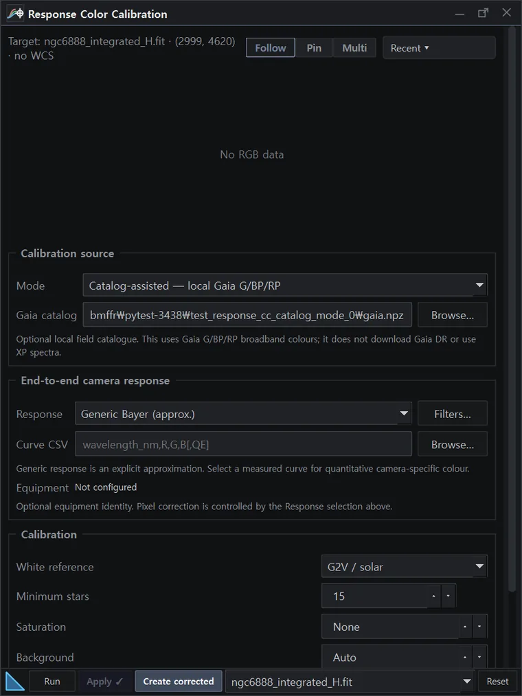 The Spectral Colour Calibration panel in AstrylStudio