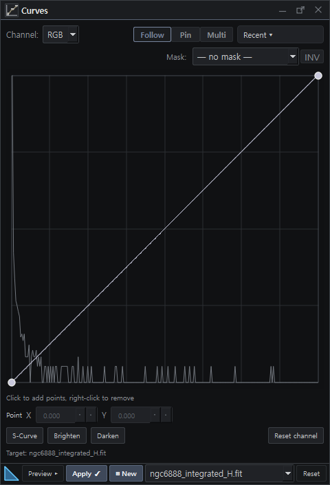 The Curves panel: an RGB channel selector, a mask selector, the curve over the image's own histogram, and Preview, Apply and New buttons along the bottom