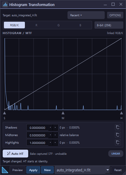 Histogram transformation panel with shadows, midtones and highlights controls